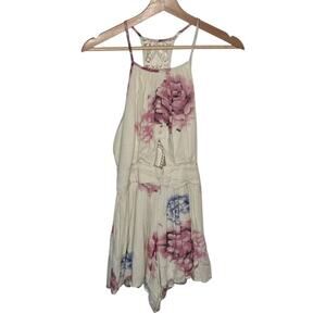 L'Atiste I Cream Pink Floral Crochet Back Boho Romantic Sleeveless Romper I M